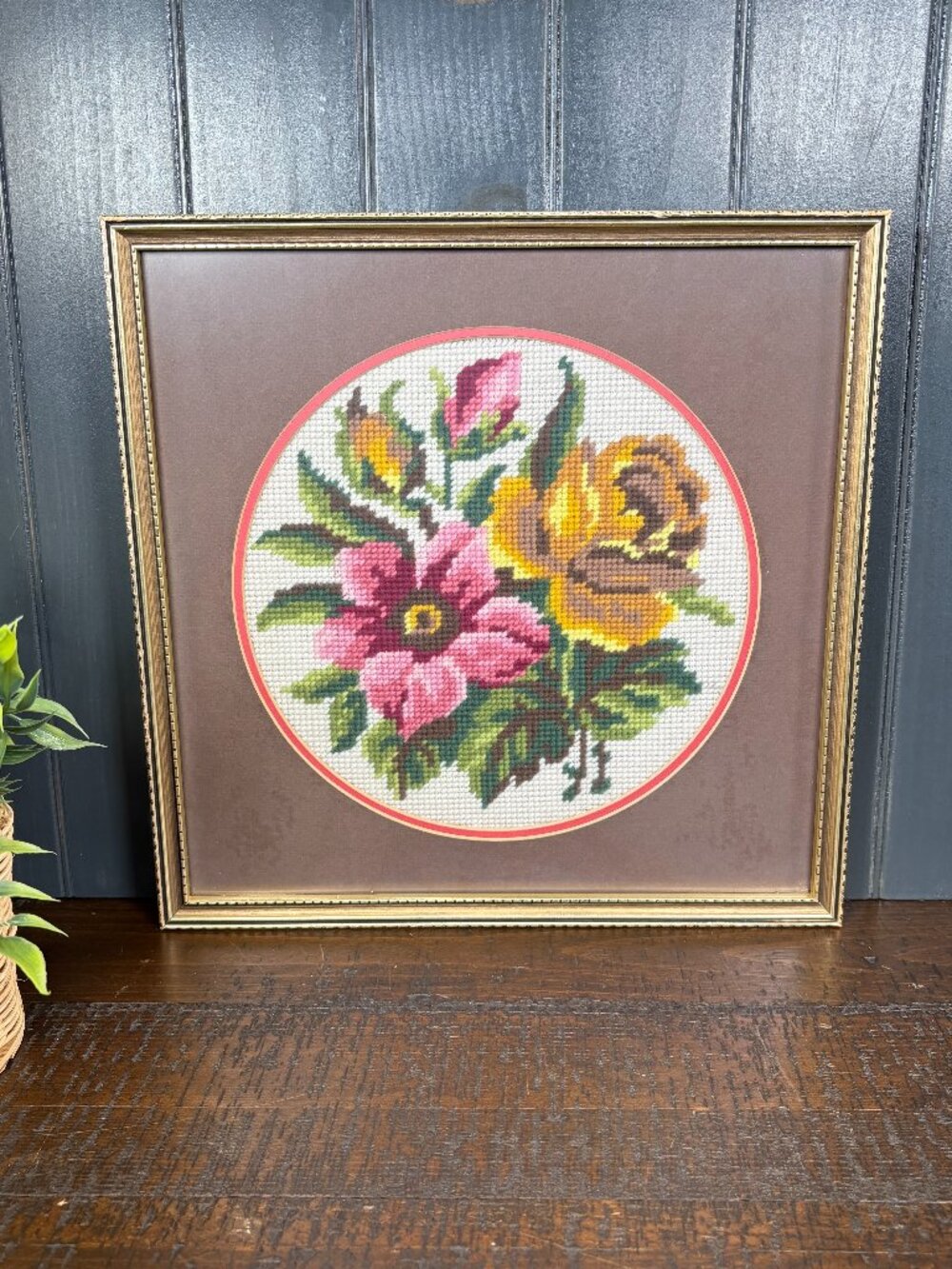 Vintage Floral Needlepoint Framed Art, Round Textile Embroidery for Wall Decor